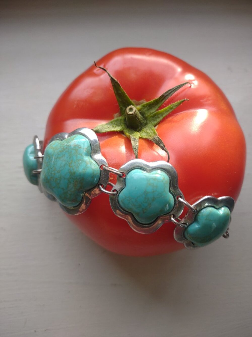 Vintage Silver Tone Turquoise Flower Bracelet Boho Southwest Statement Jewelry